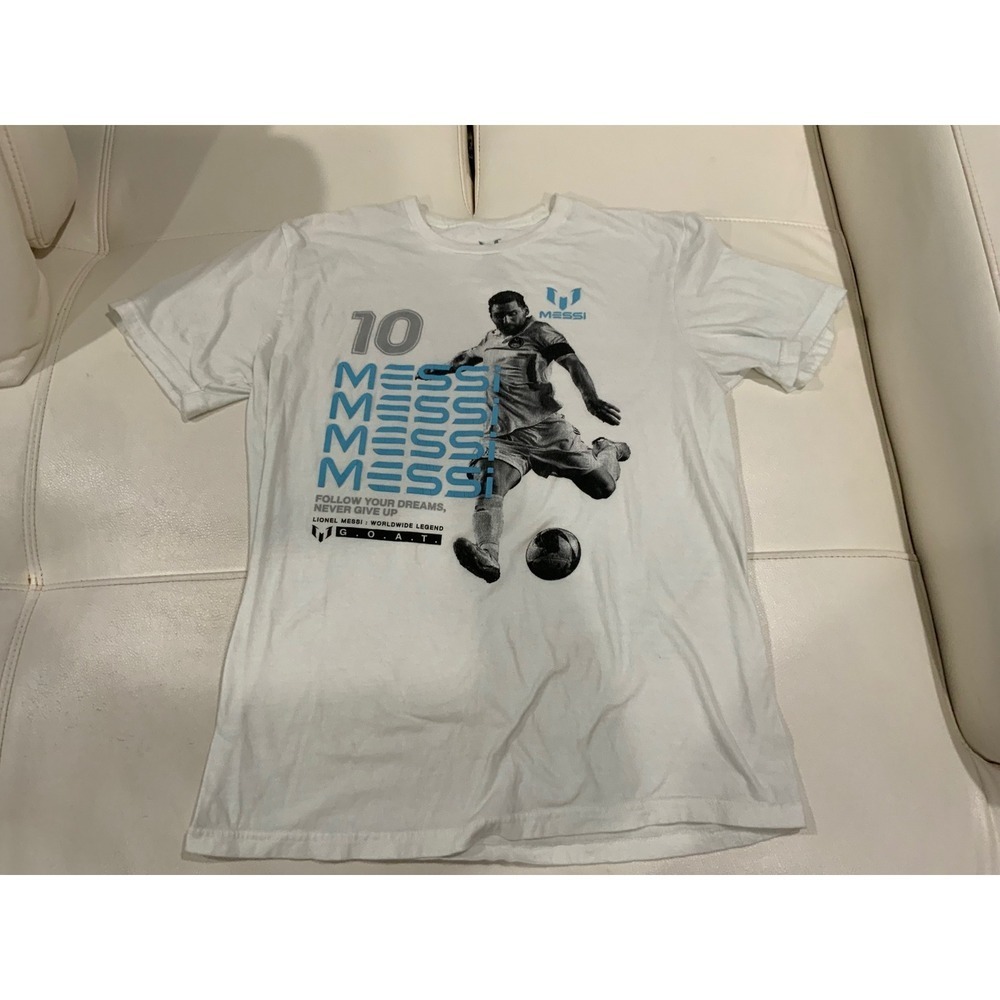 Lionel Messi GOAT Graphic T-Shirt Mens Medium Whit Soccer Futbol Tee 100% Cotton